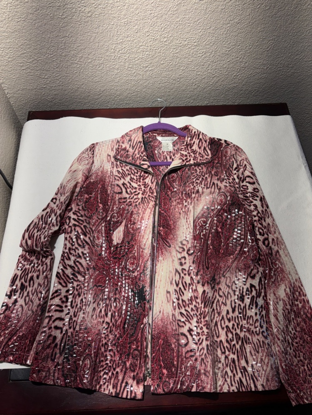 Misook Burgundy and Cream Animal Print Zip Jacket